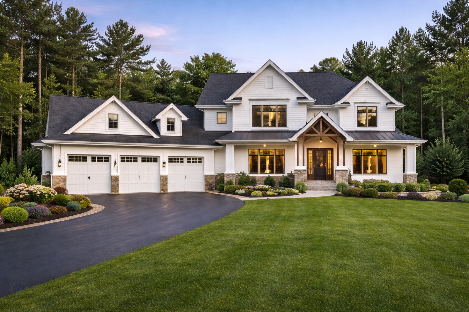 Illustration of a large home surrounded by pine trees