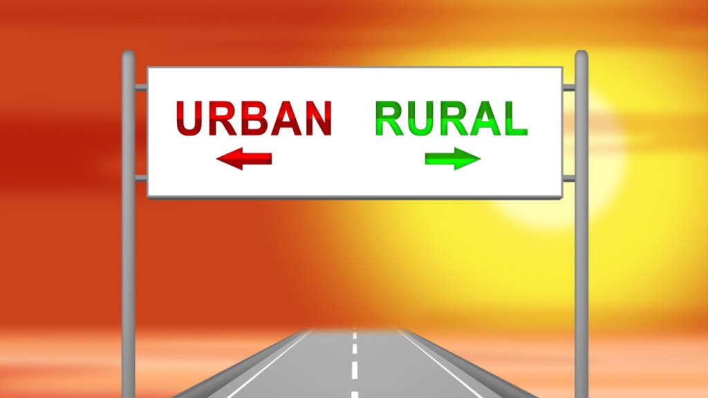 Side by side comparison of Twin Cities suburban neighborhood street and open rural Minnesota farmstead landscape showing the contrast between suburban and rural Minnesota living experiences