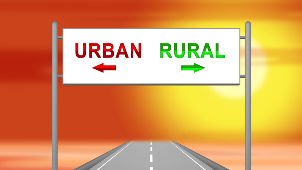 Side by side comparison of Twin Cities suburban neighborhood street and open rural Minnesota farmstead landscape showing the contrast between suburban and rural Minnesota living experiences
