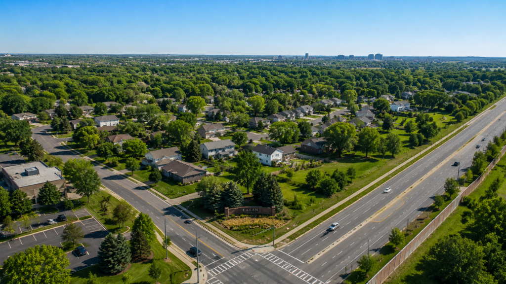 Residential neighborhood and park landscape in Eagan Minnesota showing the established suburban character and natural amenities of the Twin Cities southern suburb