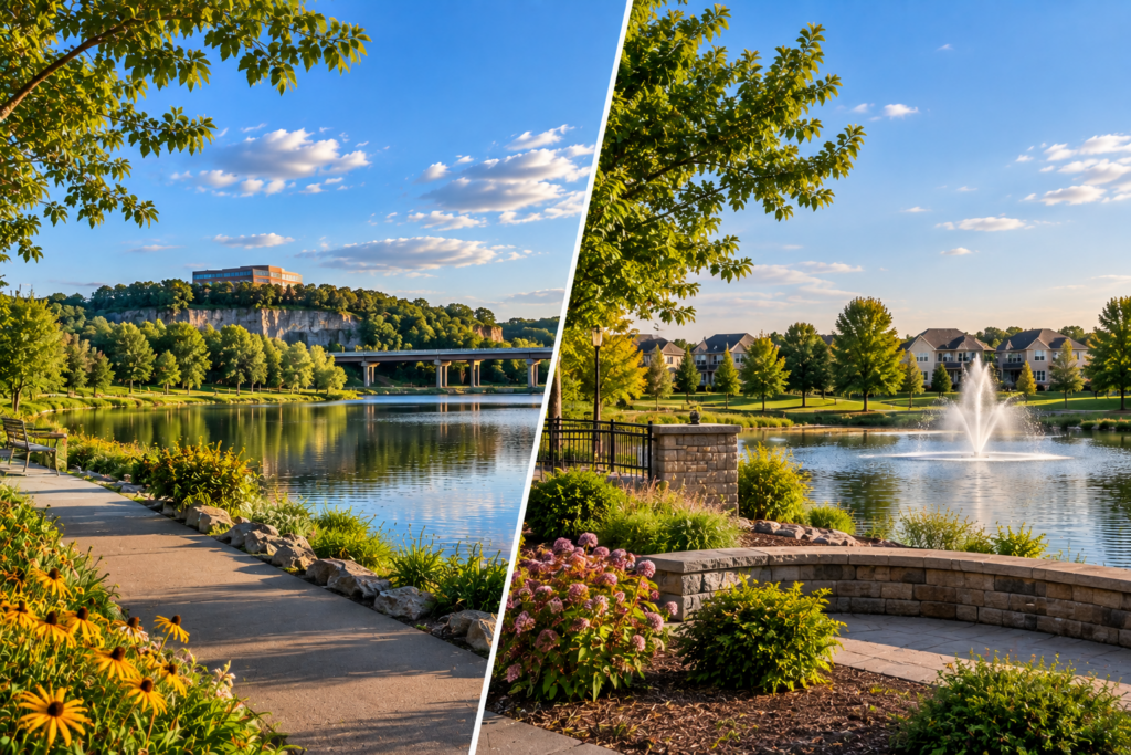 Side by side Minnesota suburban scenes representing Burnsville and Apple Valley neighborhoods