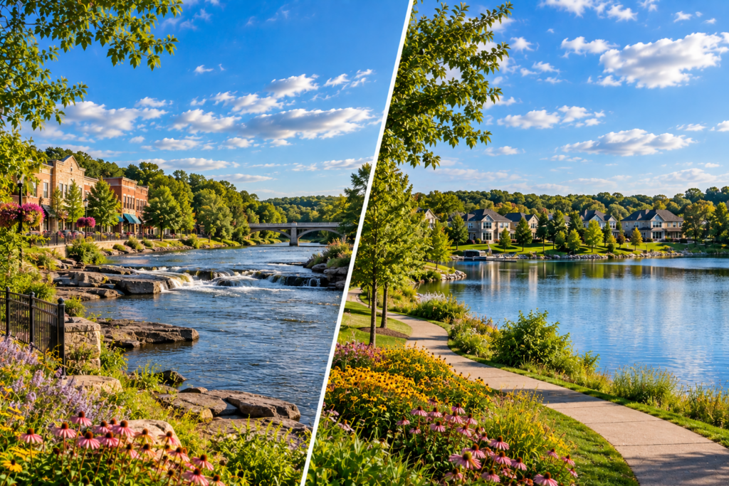 Side by side Minnesota suburban scenes representing Chaska and Chanhassen neighborhoods