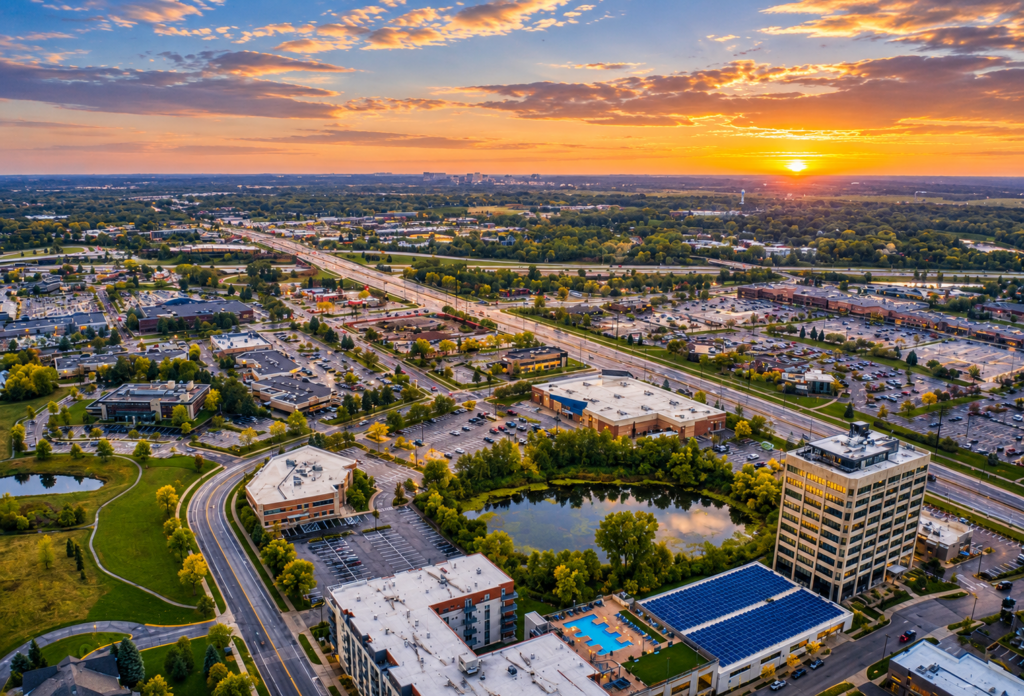 Aerial view of an Eagan, Minnesota neighborhood with parks and trails near the Minneapolis Saint Paul airport corridor