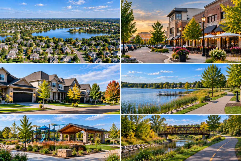 A newer suburban neighborhood street in an outer ring Twin Cities community with open space nearby