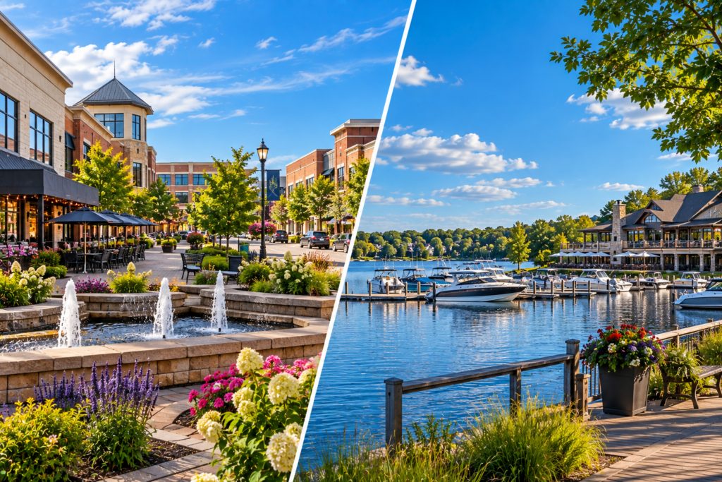 Side by side Minnesota suburban scenes representing Plymouth and Minnetonka neighborhoods