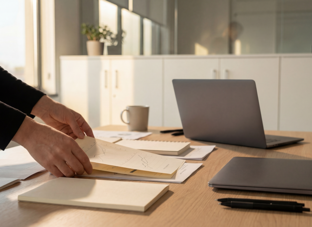 A folder of paperwork and a passport laid out on a table, representing the documents needed to buy a home in Minnesota as someone new to the U.S.