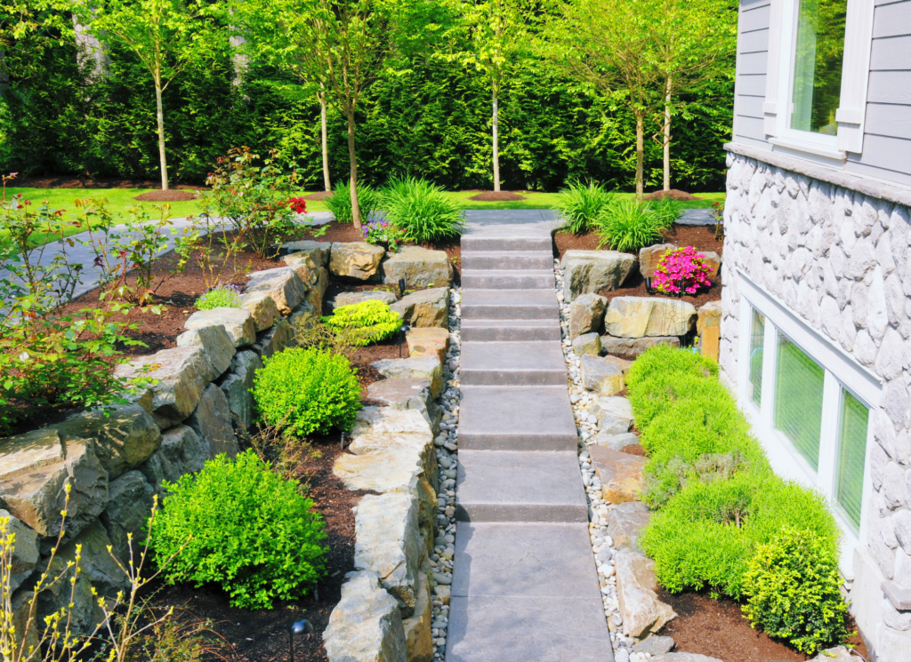 A well maintained front yard and walkway of a Minnesota home prepared for listing.