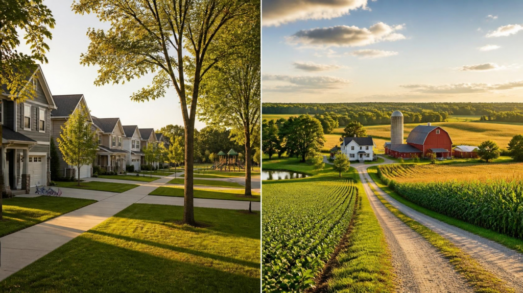 A split scene showing a suburban Minnesota neighborhood street next to an open rural Minnesota landscape with farmland.